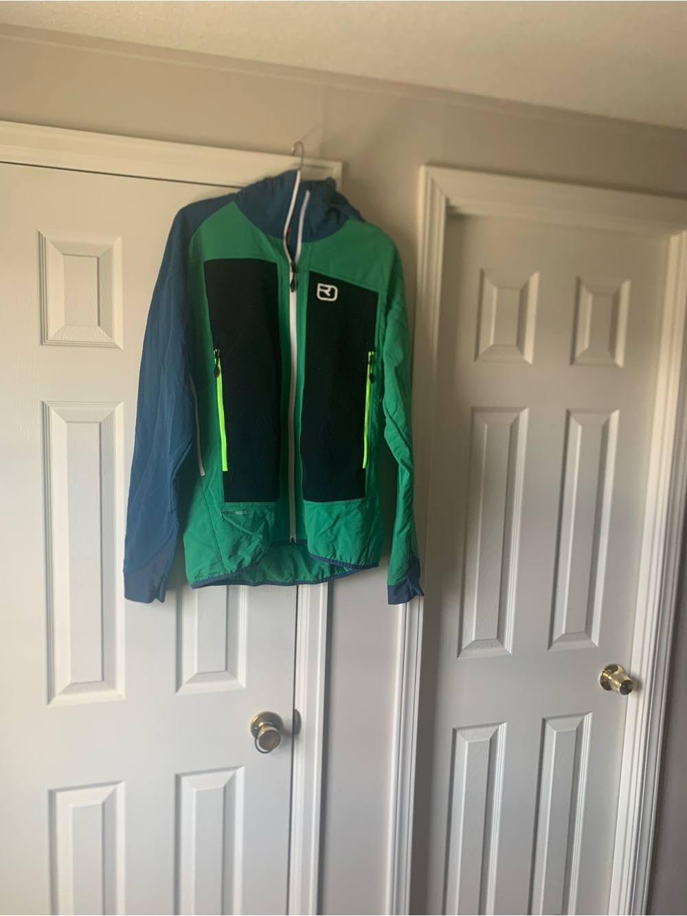 Men's Green and Blue Hooded Rain Jacket with Neon Zips